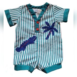 Vintage 1990s Nannekids striped palm tree alligator short sleeved onesie